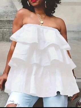 Strapless White Ruffle Tiered Summer Top